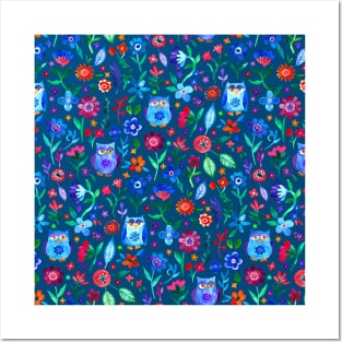 Little Owls and Flowers on deep teal blue Posters and Art